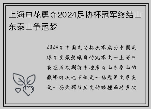 上海申花勇夺2024足协杯冠军终结山东泰山争冠梦 上海申花勇夺2024足协杯冠军终结山东泰山争冠梦