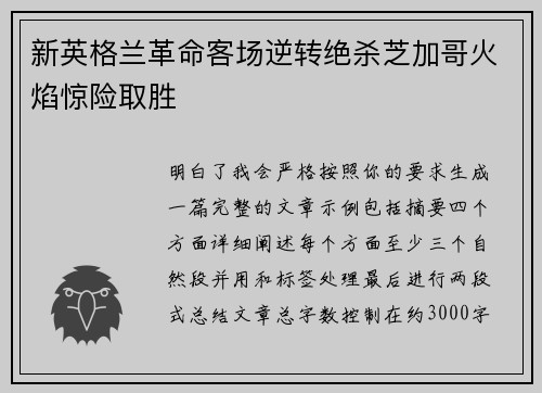 新英格兰革命客场逆转绝杀芝加哥火焰惊险取胜 新英格兰革命客场逆转绝杀芝加哥火焰惊险取胜